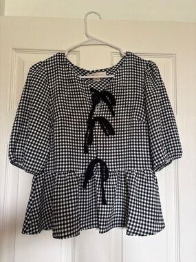 Monteau Black and White Gingham Peplum Top with Bow Ties